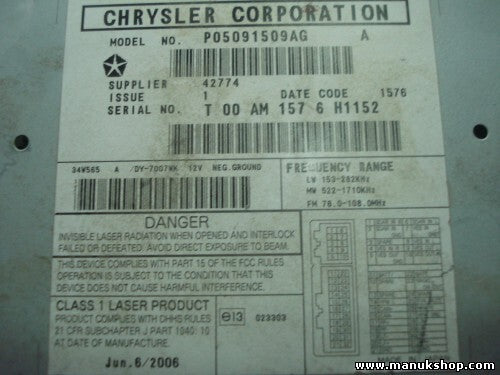 Radio CD Player MP3 Chrysler Dodge Caliber Jeep Compass P05091509AG 05091509AG