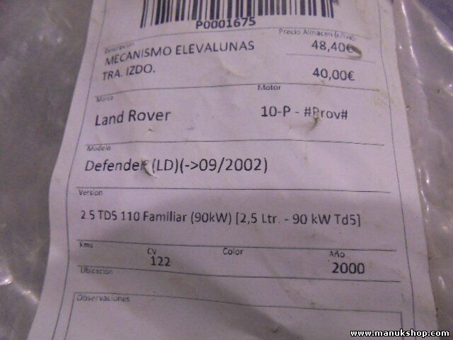 Mecanismo de elevalunas trasero izquierdo Defender LD Discovery TD5 CVH101250
