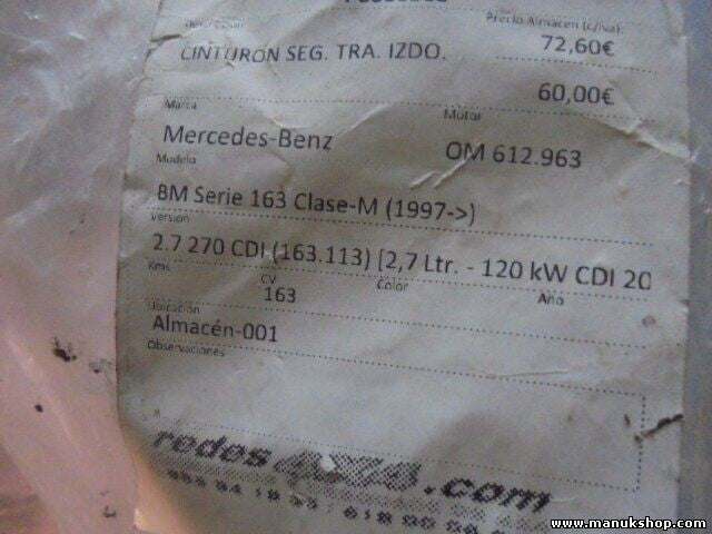 Cinturón de seguridad trasero izquierdo Mercedes-Benz ML 163 2.7 270 3000348D