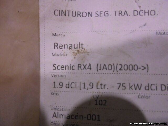 Cinturón de seguridad trasero derecho Renault Scenic RX4 1.9 DCI A509278AC51