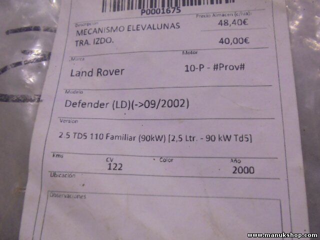 Mecanismo de elevalunas trasero izquierdo Land Rover Defender LD Discovery 2 2.5