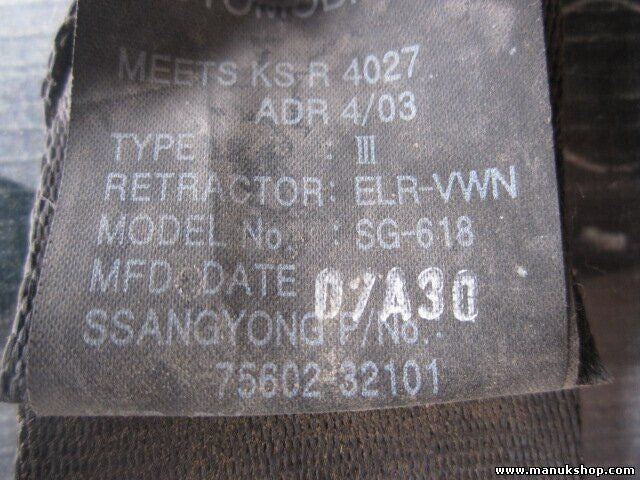 Cinturón de seguridad trasero derecho SsangYong Actyon Sport Korando 7560232101