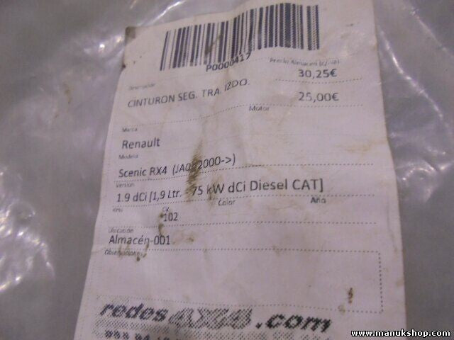 Cinturón de seguridad trasero izquierdo Renault Scenic RX4 1.9 DCI 75 8200309239