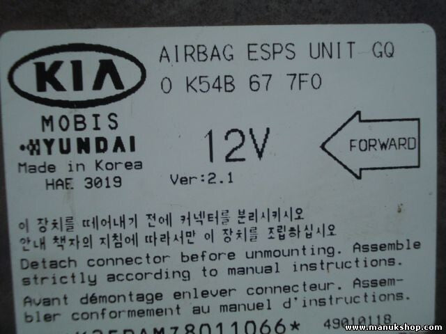 Sensor de impacto de airbag Kia Sedona 0K54B677F0 0 K54B 67 7F0 HAE 3019 Ver 2.1