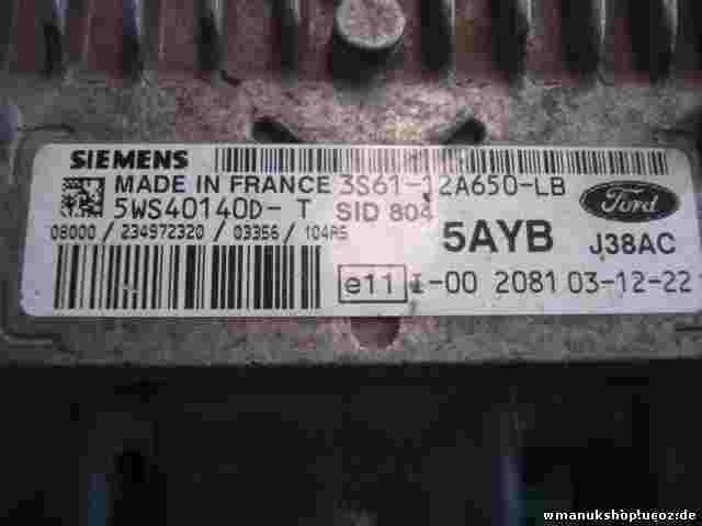 Centralita  Ford Fiesta  3S6112A650LB SID804 SIEMENS 5WS40140DT 5AYB J38AC
