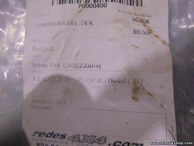  Cerradura puerta delantera derecha Renault Scénic I JA0/1_ 1.9 dCi RX4