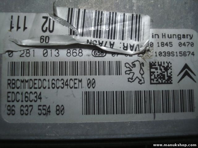 Centralita del motor Peugeot 207 9663755480 9653958980 EDC16C34 BOSCH 0281013868