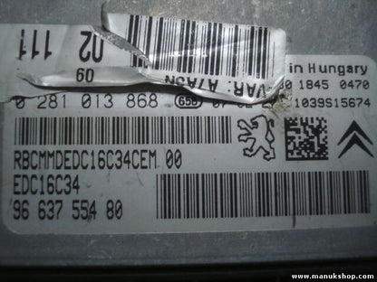 Centralita del motor Peugeot 207 9663755480 9653958980 EDC16C34 BOSCH 0281013868