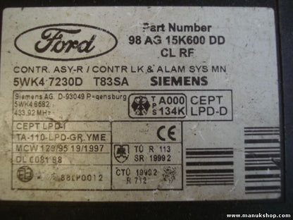 Controlador Confort Ford 98 AG 15K600 DD 98AG15K600DD SIEMENS 5WK47230D