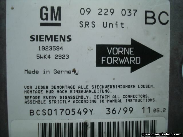Airbag Centralita    Opel Zafira 09 229 037 BC 09229037BC SIEMENS 1923594 5WK429