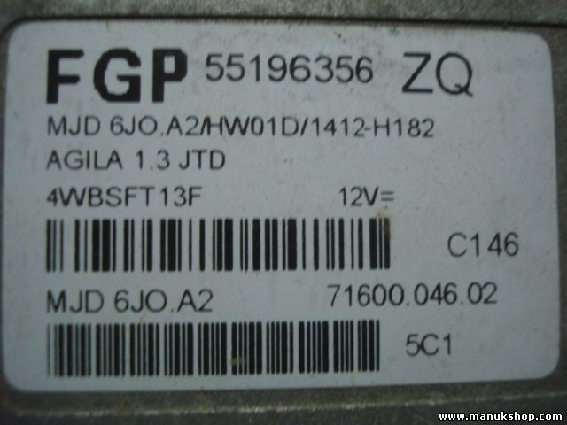 Centralita del motor Opel Agila 1.3 JTD Z13DT 55196356ZQ MJD6JOA2 FGP55196356ZQ