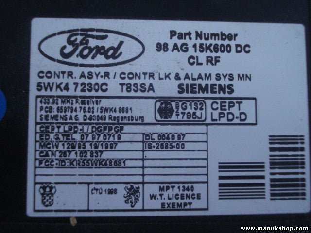 Controlador Confort Ford 98 AG 15K600 DC 5WK4 7230C T83SA 98AG15K600DC 5WK47230C